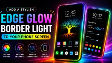 Stylish edge glow border light on an Android phone screen with colorful LED effects, gradients, and animations