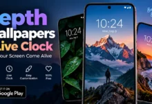 Depth Wallpapers and Live Clock free Android app featuring stylish depth wallpapers and live clock designs on smartphones