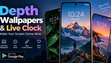 Depth Wallpapers and Live Clock free Android app featuring stylish depth wallpapers and live clock designs on smartphones