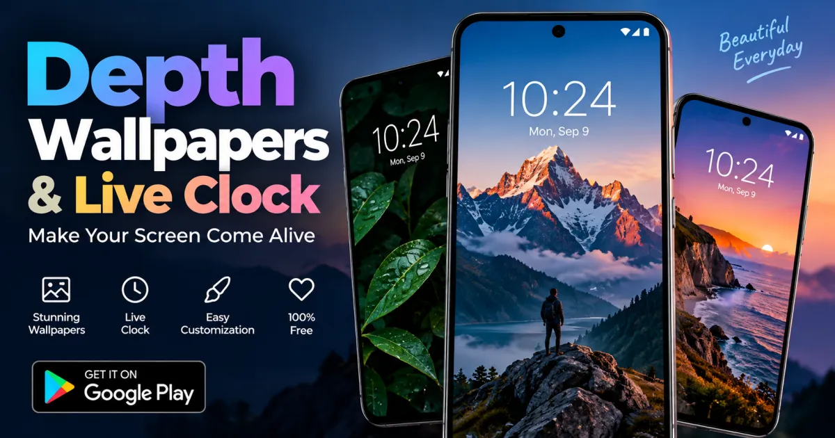 Depth Wallpapers and Live Clock free Android app featuring stylish depth wallpapers and live clock designs on smartphones
